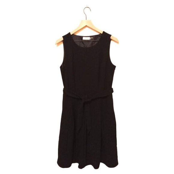 CALVIN Klein Black Knee Length Pleated A-Line Sleeveless Tie Waist Dress Sz 10 - Picture 1 of 9